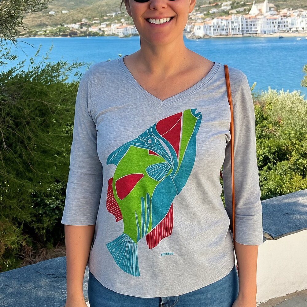 Marushka V Neck T Shirt Tropical Fish Cotton Tee Small